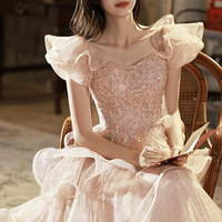 Pink tulle sequins long prom dress A-line evening dress - Thumbnail 3