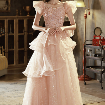 Pink tulle sequins long prom dress a-line evening dress - Thumbnail 1