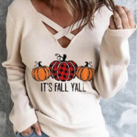 Women's Pumpkin Print Long Sleeve Sweater - Thumbnail 1