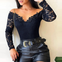 Temperament Women'S Black Off Shoulder Long Sleeve Lace One-Piece Tops - Thumbnail 2