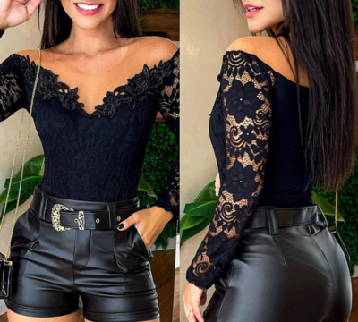 Temperament Women'S Black Off Shoulder Long Sleeve Lace One-Piece Tops