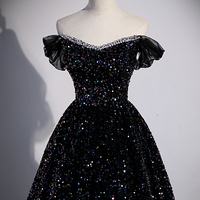 Black tulle sequins long prom dress evening dress - Thumbnail 1