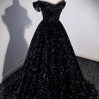 Black tulle sequins long prom dress evening dress - Thumbnail 2