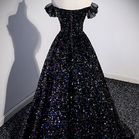 Black tulle sequins long prom dress evening dress - Thumbnail 3