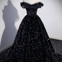 Black tulle sequins long prom dress evening dress - Thumbnail 4
