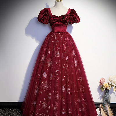 Burgundy velvet tulle long prom dress evening dress - Thumbnail 1