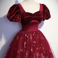Burgundy velvet tulle long prom dress evening dress - Thumbnail 1