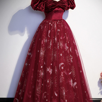 Burgundy velvet tulle long prom dress evening dress - Thumbnail 2