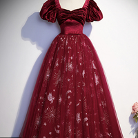 Burgundy velvet tulle long prom dress evening dress - Thumbnail 4