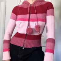 Pink Color Block Stripe Zip up Knitted Cardigan Hooded Coat with Fur Ball - Thumbnail 1