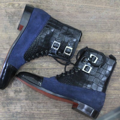 Hand crafted ankle high patent leather & suede boot, cap toe alligator skin texture leather monk boot - Thumbnail 2