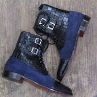 Hand Crafted Ankle High Patent Leather & Suede Boot, Cap Toe Alligator Skin Texture Leather Monk Boot - Thumbnail 2