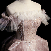 Pink tulle sequins long prom dress pink evening dress - Thumbnail 1