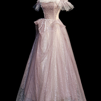 Pink tulle sequins long prom dress pink evening dress - Thumbnail 5