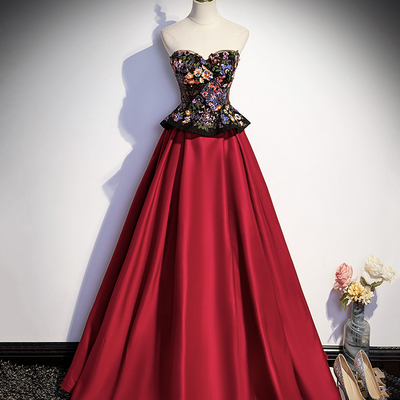 Burgundy strapless long prom dress evening dress