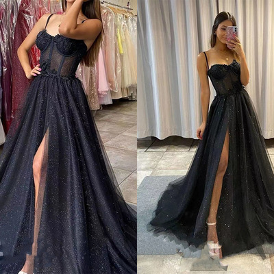 Black Sparkly Prom Dresses Slit Side Spaghetti Straps