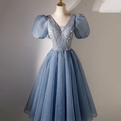 Blue tulle beaded short prom dress homecoming dress - Thumbnail 2