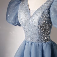 Blue tulle beaded short prom dress homecoming dress - Thumbnail 1