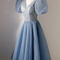 Blue tulle beaded short prom dress homecoming dress - Thumbnail 2