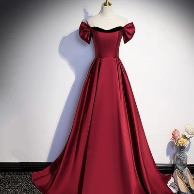 Burgundy satin long prom dress a-line evening dress - Thumbnail 1