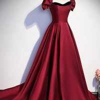 Burgundy satin long prom dress A-line evening dress - Thumbnail 1