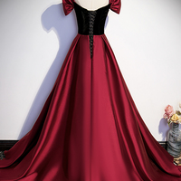 Burgundy satin long prom dress A-line evening dress - Thumbnail 2