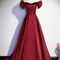 Burgundy satin long prom dress A-line evening dress - Thumbnail 4
