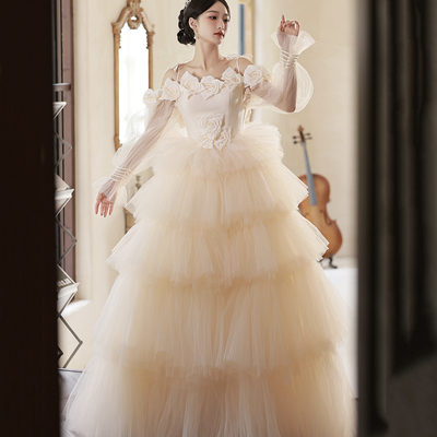 Champagne tulle long a-line ball gown formal gown - Thumbnail 2