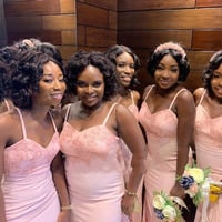 Pink Bridesmaid Dresses Mermaid Spaghetti Straps with Appliques Lace - Thumbnail 1