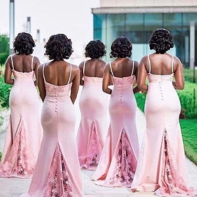 Pink bridesmaid dresses mermaid spaghetti straps with appliques lace - Thumbnail 3