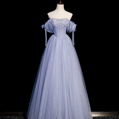 Blue tulle beaded long prom dress a-line evening dress - Thumbnail 1