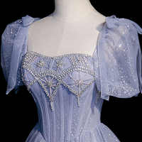 Blue tulle beaded long prom dress A-line evening dress - Thumbnail 1