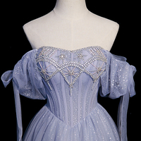 Blue tulle beaded long prom dress A-line evening dress - Thumbnail 2