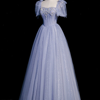 Blue tulle beaded long prom dress A-line evening dress - Thumbnail 3