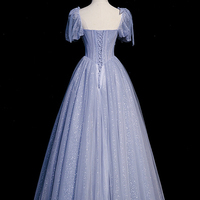 Blue tulle beaded long prom dress A-line evening dress - Thumbnail 4