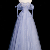 Blue tulle beaded long prom dress A-line evening dress - Thumbnail 5