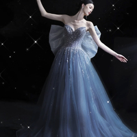 Blue Strapless Tulle Long Ball Gown With Bow - Thumbnail 1