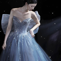 Blue Strapless Tulle Long Ball Gown With Bow - Thumbnail 3