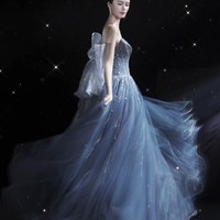 Blue Strapless Tulle Long Ball Gown With Bow - Thumbnail 2