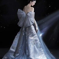 Blue Strapless Tulle Long Ball Gown With Bow - Thumbnail 4