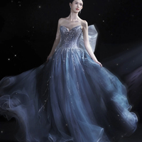 Blue Strapless Tulle Long Ball Gown With Bow - Thumbnail 5