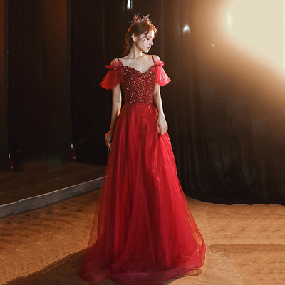 Burgundy a-line tulle beaded long prom dress evening dress - Thumbnail 1