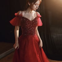 Burgundy A-line tulle beaded long prom dress evening dress - Thumbnail 1