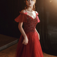 Burgundy A-line tulle beaded long prom dress evening dress - Thumbnail 2