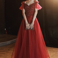 Burgundy A-line tulle beaded long prom dress evening dress - Thumbnail 4