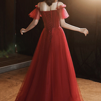 Burgundy A-line tulle beaded long prom dress evening dress - Thumbnail 5