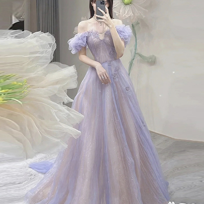 Purple tulle long a-line prom dress evening dress - Thumbnail 1
