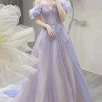 Purple tulle long A-line prom dress evening dress - Thumbnail 2