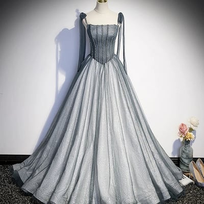 Gray tulle long a-line ball gown formal gown