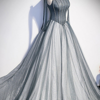 Gray tulle long A-line ball gown formal gown - Thumbnail 2